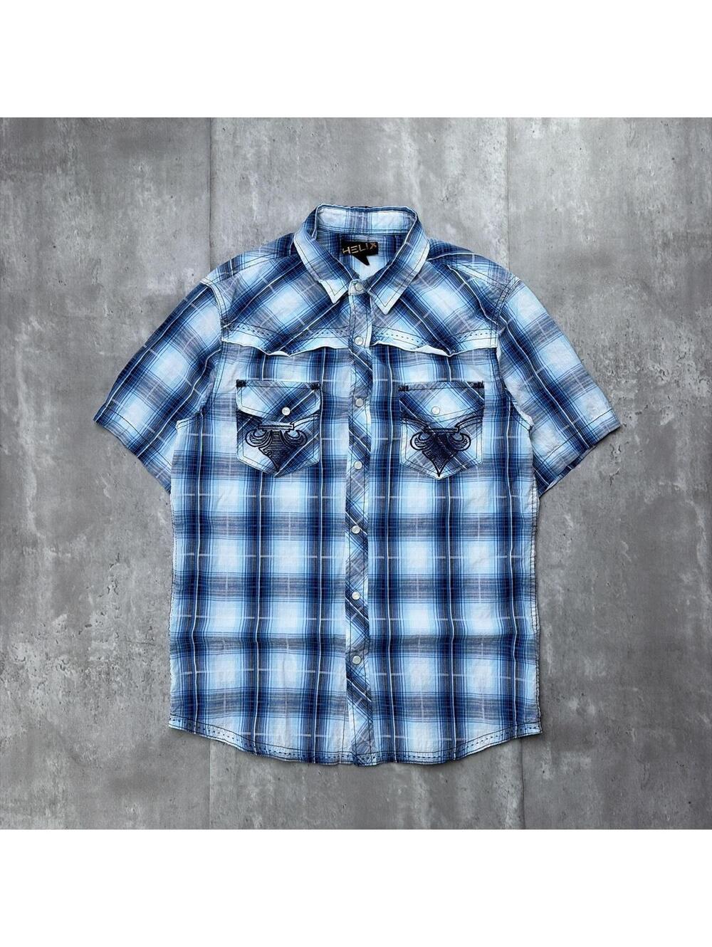 Y2K Light Blue Helix Grunge Plaid Skater Button Up Shirt